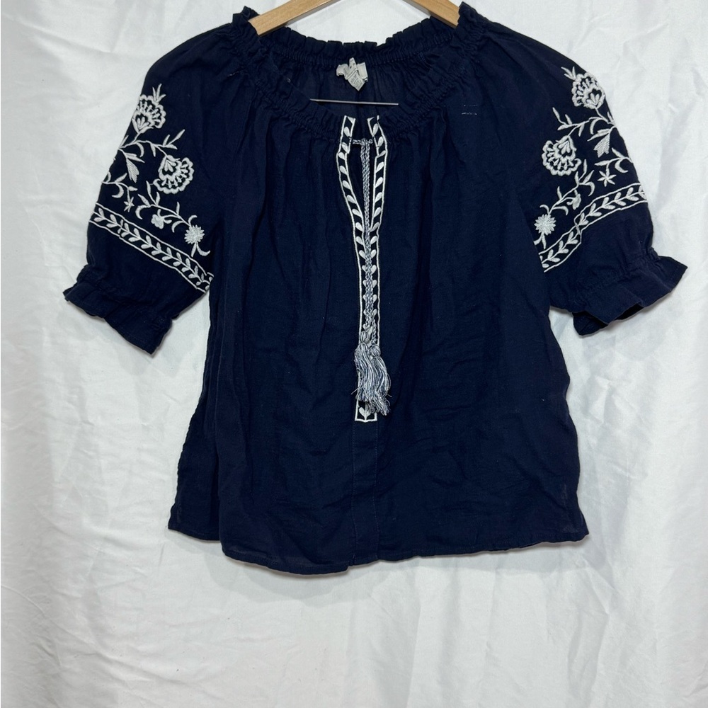 Lucky Brand Dark Blue Blouse with White Embroidery | Mia Embroidered Peasant